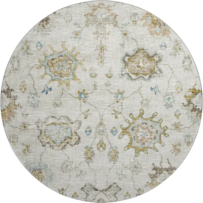 8' Linen Blue And Coffee Floral Medallion Washable Round Rug With UV Protection Photo 2