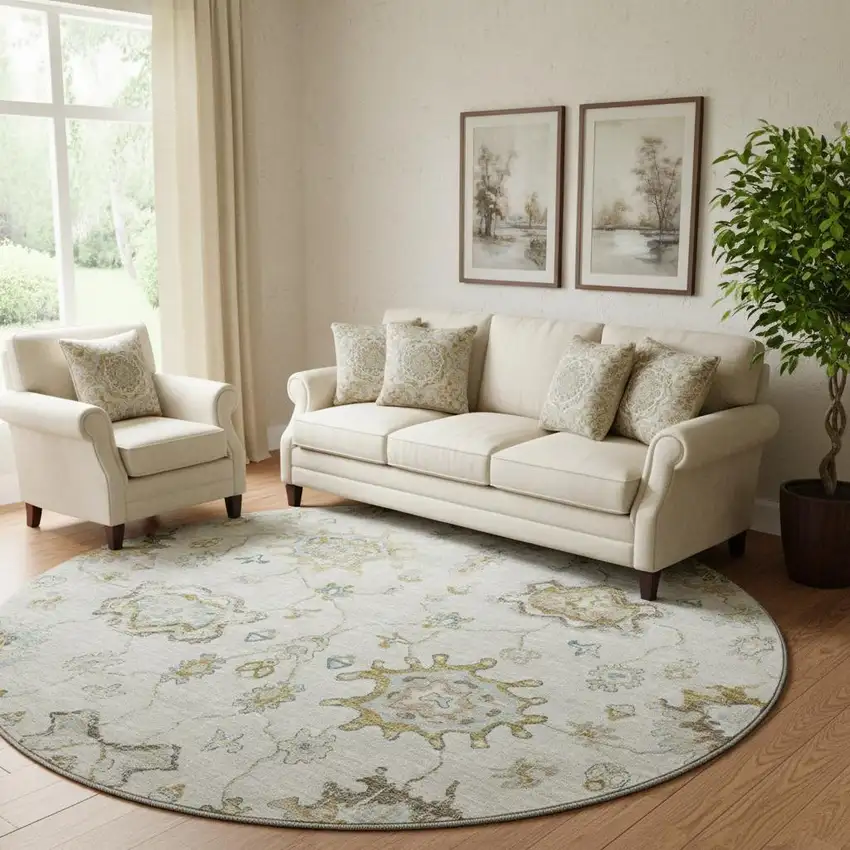 8' Linen Blue And Coffee Floral Medallion Washable Round Rug With UV Protection Photo 1