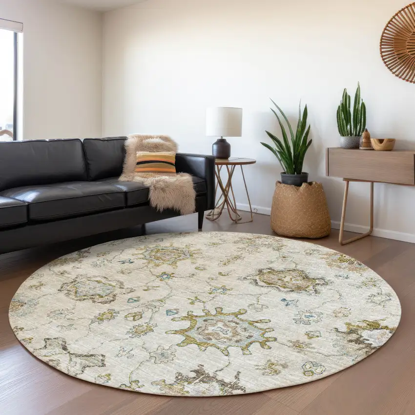 8' Linen Blue And Coffee Floral Medallion Washable Round Rug With UV Protection Photo 5
