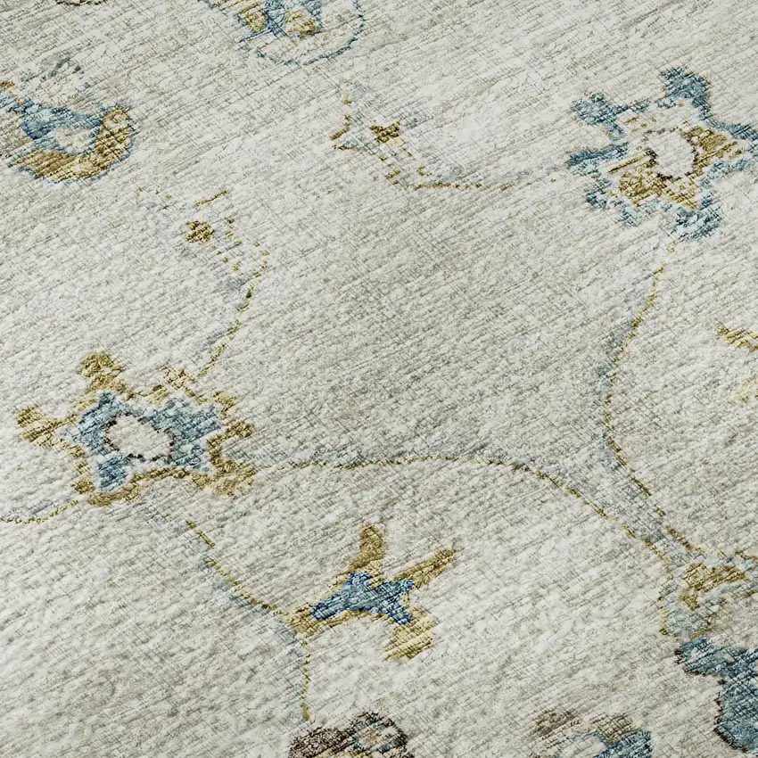 8' Linen Blue And Coffee Floral Medallion Washable Round Rug With UV Protection Photo 9