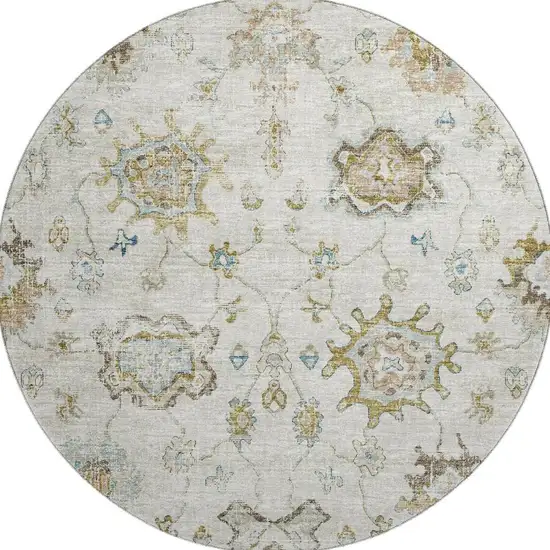 8' Linen Blue And Coffee Floral Medallion Washable Round Rug With UV Protection Photo 4