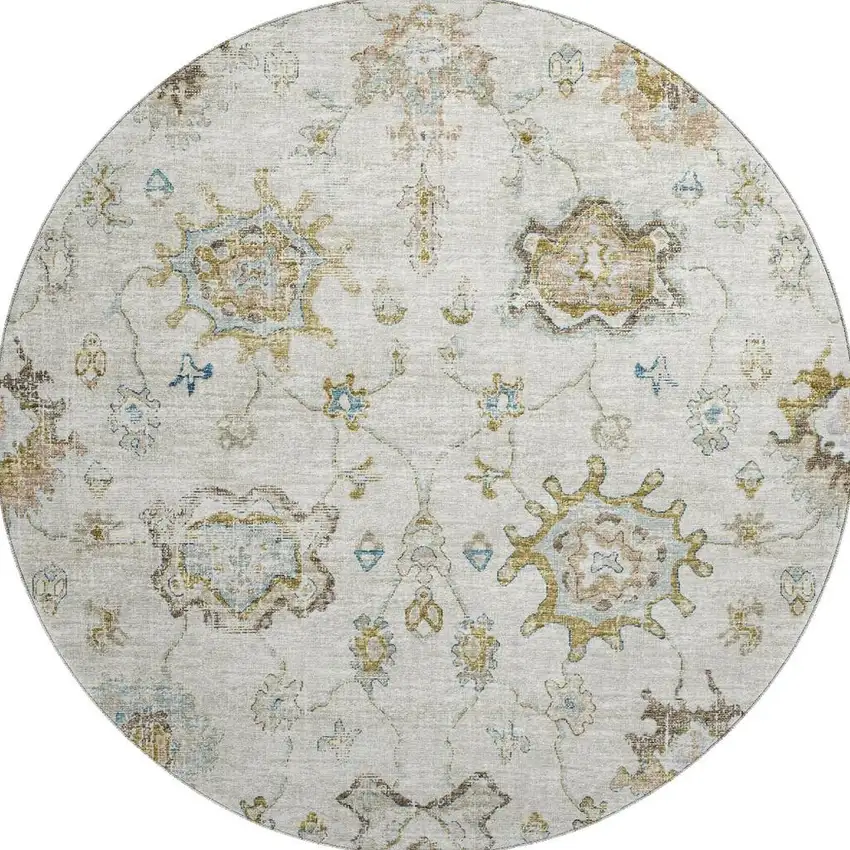 8' Linen Blue And Coffee Floral Medallion Washable Round Rug With UV Protection Photo 4