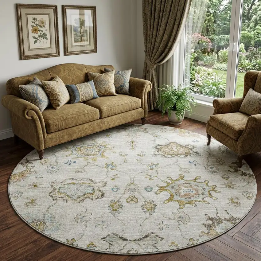 8' Linen Blue And Coffee Floral Medallion Distressed Washable Round Rug With UV Protection Photo 1