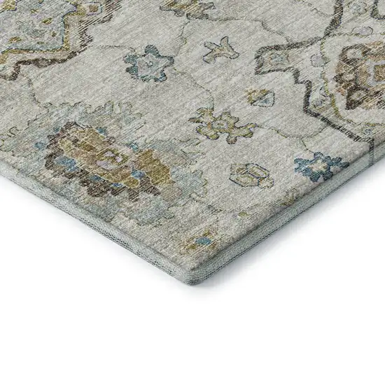 8' Linen Blue And Coffee Floral Medallion Washable Round Rug With UV Protection Photo 7