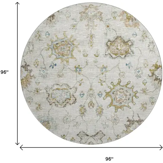 8' Linen Blue And Coffee Floral Medallion Washable Round Rug With UV Protection Photo 3