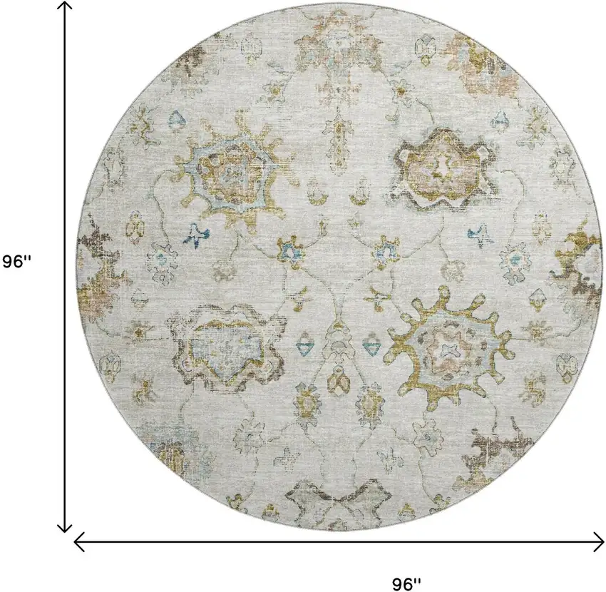 8' Linen Blue And Coffee Floral Medallion Washable Round Rug With UV Protection Photo 3