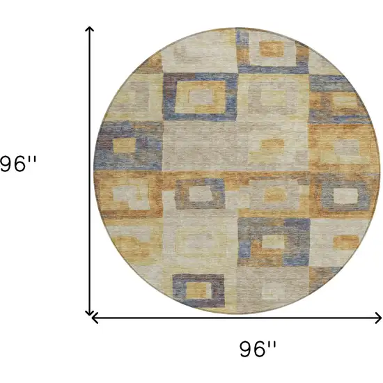 8' Linen Blue And Copper Round Geometric Washable Indoor Outdoor Area Rug Photo 9