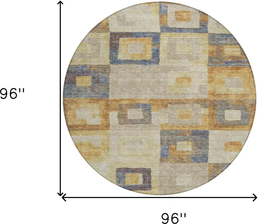 8' Linen Blue And Copper Round Geometric Washable Indoor Outdoor Area Rug Photo 9