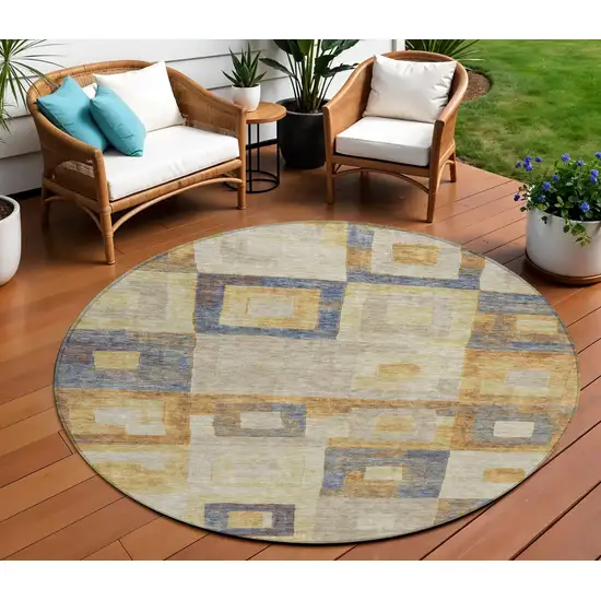 8' Linen Blue And Copper Round Geometric Washable Indoor Outdoor Area Rug Photo 1