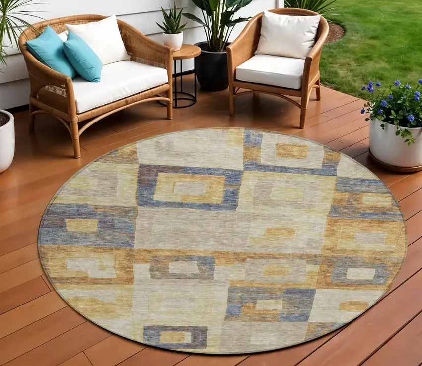 8' Linen Blue And Copper Round Geometric Washable Indoor Outdoor Area Rug Photo 1