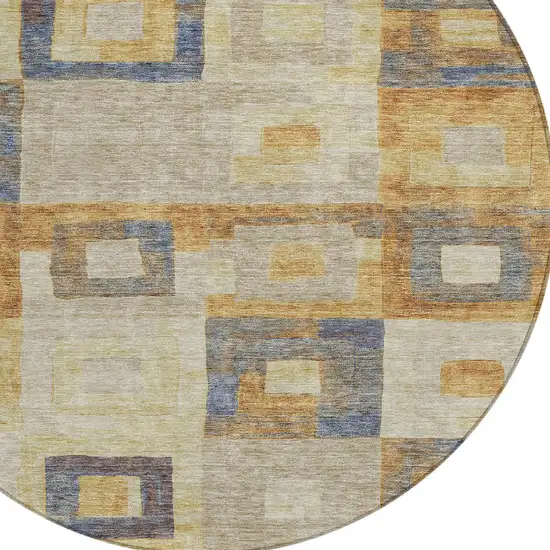 8' Linen Blue And Copper Round Geometric Washable Indoor Outdoor Area Rug Photo 5