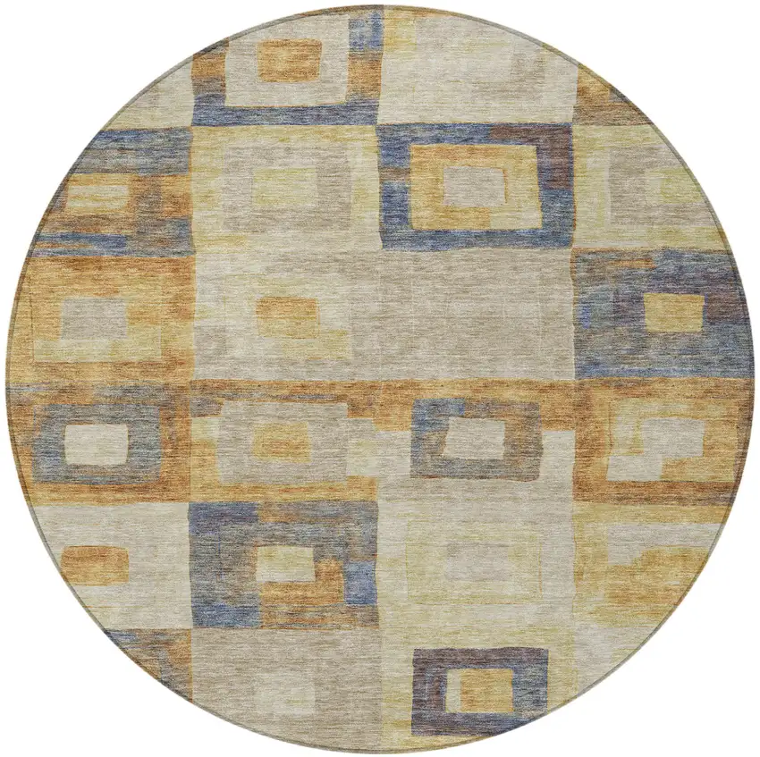 8' Linen Blue And Copper Round Geometric Washable Indoor Outdoor Area Rug Photo 6