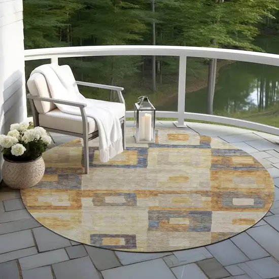 8' Linen Blue And Copper Round Geometric Washable Indoor Outdoor Area Rug Photo 7