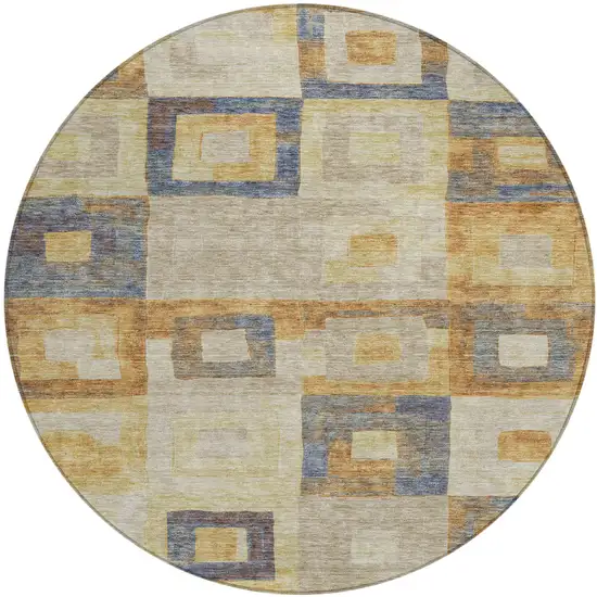 8' Linen Blue And Copper Round Geometric Washable Indoor Outdoor Area Rug Photo 2
