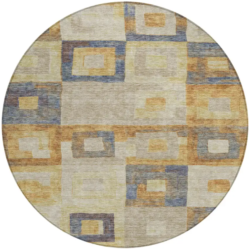 8' Linen Blue And Copper Round Geometric Washable Indoor Outdoor Area Rug Photo 2