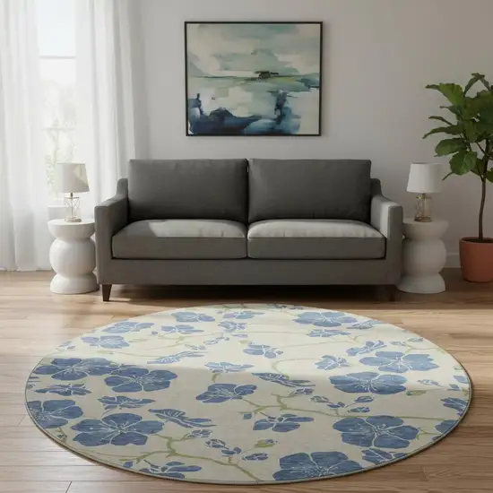 8' Linen Blue And Green Floral Washable Round Rug With UV Protection Photo 2