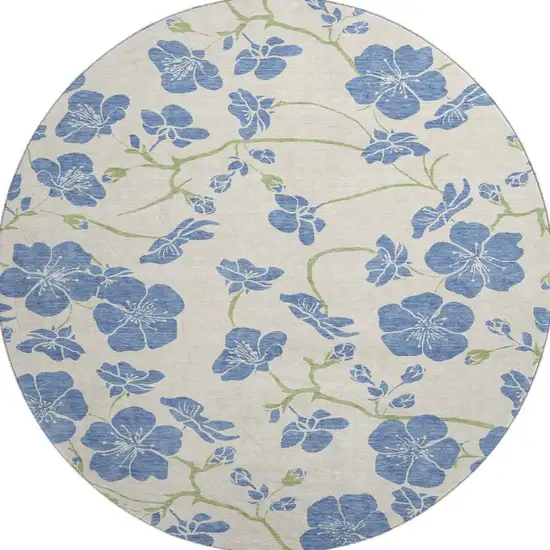 8' Linen Blue And Green Floral Washable Round Rug With UV Protection Photo 3