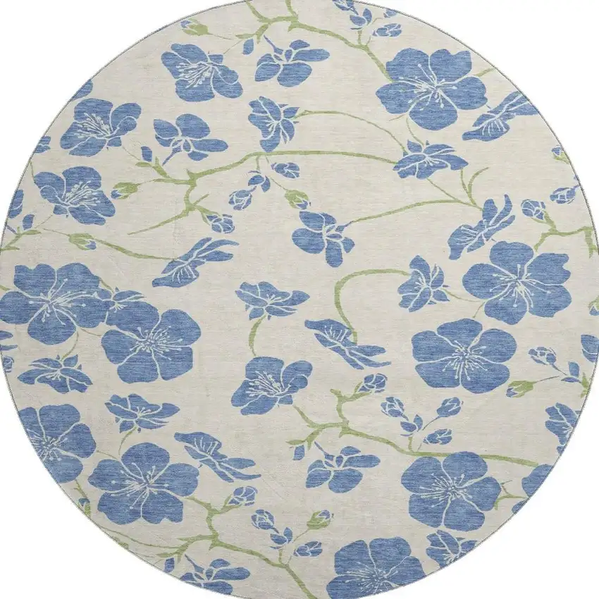 8' Linen Blue And Green Floral Washable Round Rug With UV Protection Photo 3