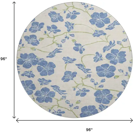 8' Linen Blue And Green Floral Washable Round Rug With UV Protection Photo 9