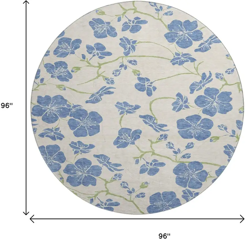 8' Linen Blue And Green Floral Washable Round Rug With UV Protection Photo 9
