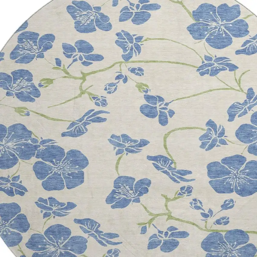 8' Linen Blue And Green Floral Washable Round Rug With UV Protection Photo 2