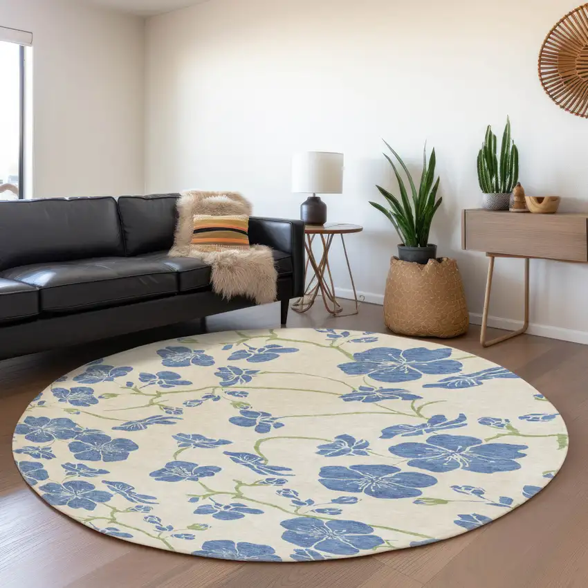8' Linen Blue And Green Floral Washable Round Rug With UV Protection Photo 4