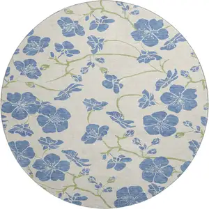 Photo of 8' Linen Blue And Green Floral Washable Round Rug With UV Protection