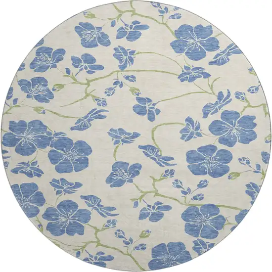 8' Linen Blue And Green Floral Washable Round Rug With UV Protection Photo 1