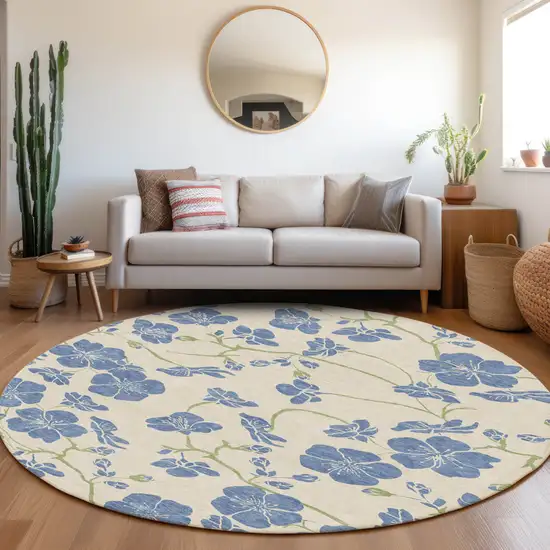 8' Linen Blue And Green Round Floral Washable Indoor Outdoor Area Rug Photo 7