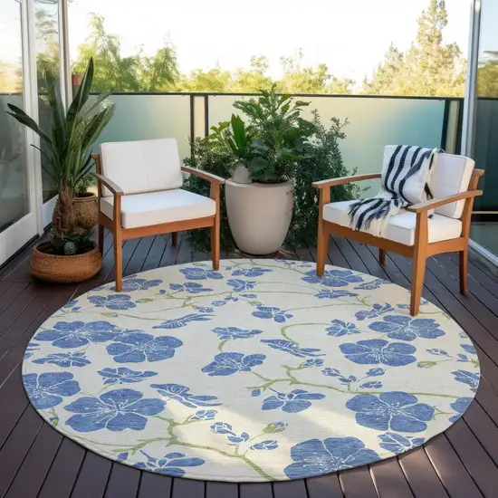 8' Linen Blue And Green Round Floral Washable Indoor Outdoor Area Rug Photo 6