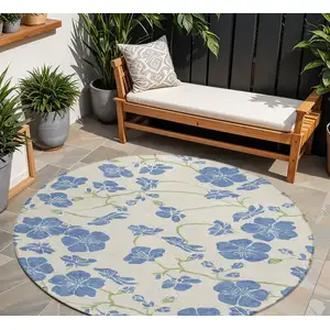 Photo of 8' Linen Blue And Green Round Floral Washable Indoor Outdoor Area Rug