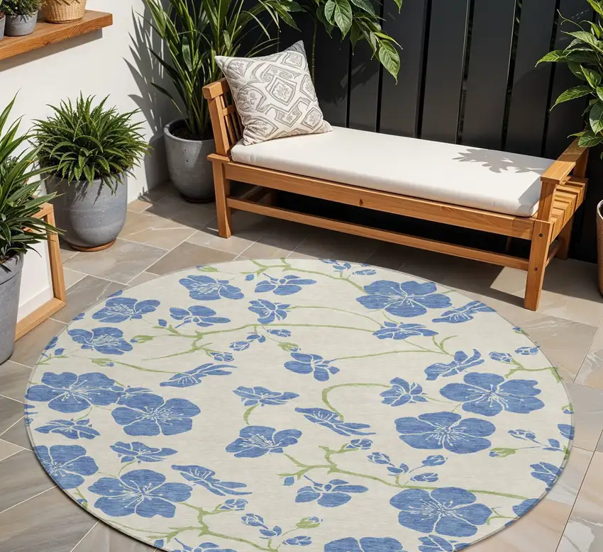 8' Linen Blue And Green Round Floral Washable Indoor Outdoor Area Rug Photo 1