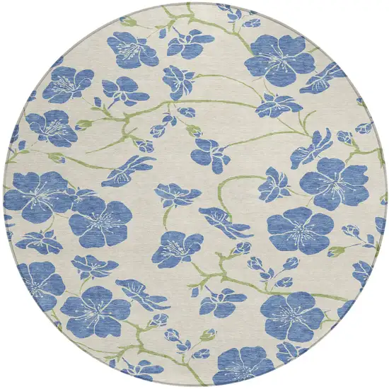 8' Linen Blue And Green Round Floral Washable Indoor Outdoor Area Rug Photo 2