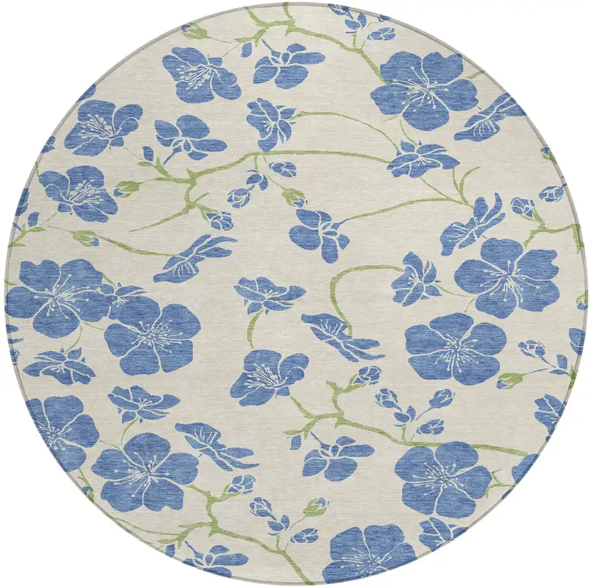 8' Linen Blue And Green Round Floral Washable Indoor Outdoor Area Rug Photo 2