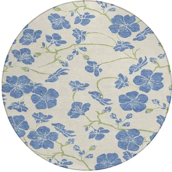8' Linen Blue And Green Round Floral Washable Indoor Outdoor Area Rug Photo 5