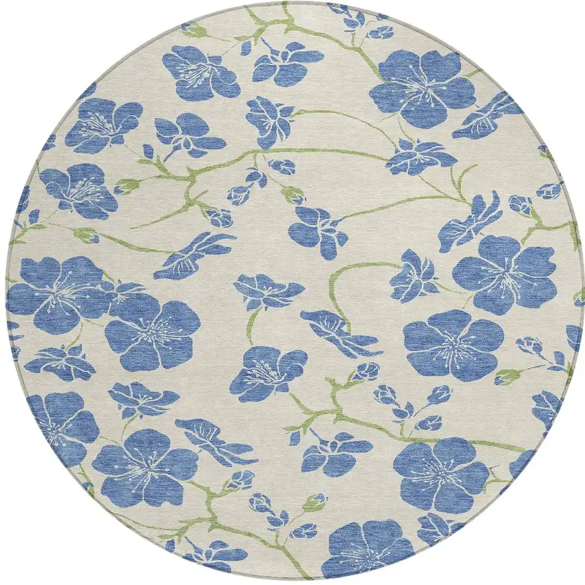 8' Linen Blue And Green Round Floral Washable Indoor Outdoor Area Rug Photo 5