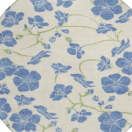 8' Linen Blue And Green Round Floral Washable Indoor Outdoor Area Rug Photo 4