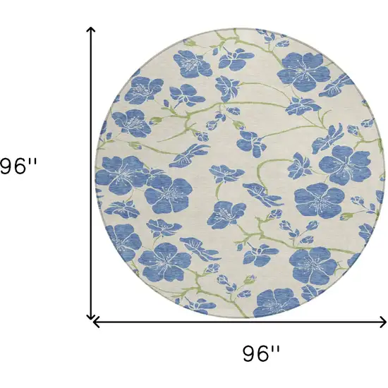 8' Linen Blue And Green Round Floral Washable Indoor Outdoor Area Rug Photo 3