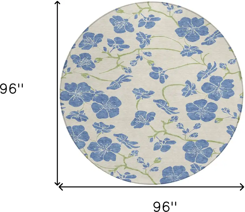 8' Linen Blue And Green Round Floral Washable Indoor Outdoor Area Rug Photo 3