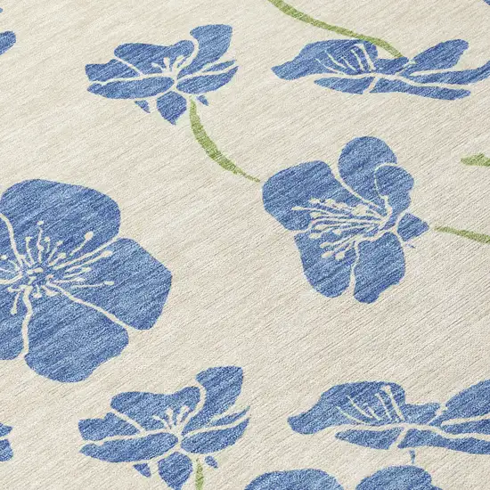 8' Linen Blue And Green Round Floral Washable Indoor Outdoor Area Rug Photo 8
