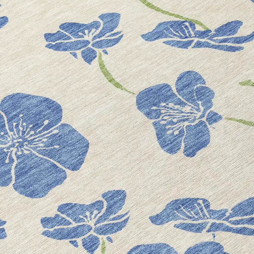 8' Linen Blue And Green Round Floral Washable Indoor Outdoor Area Rug Photo 8