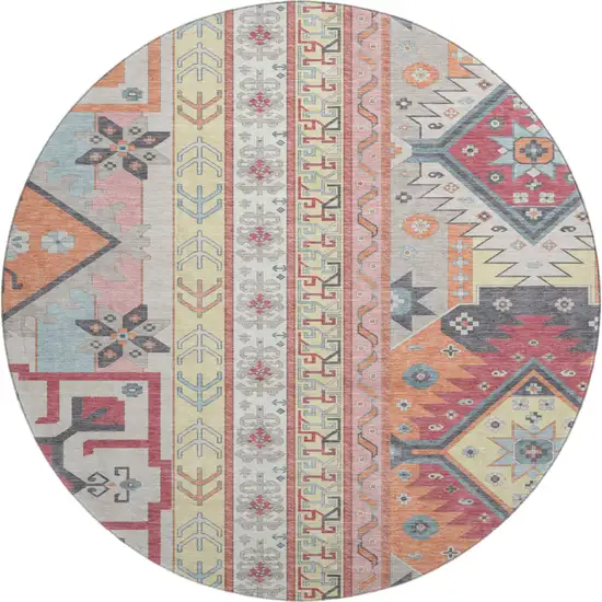 8' Linen Blush And Gray Southwestern Washable Round Rug With UV Protection Photo 1