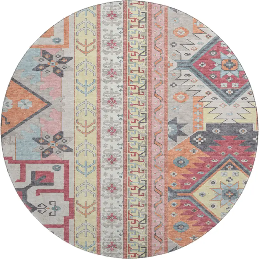 8' Linen Blush And Gray Southwestern Washable Round Rug With UV Protection Photo 1