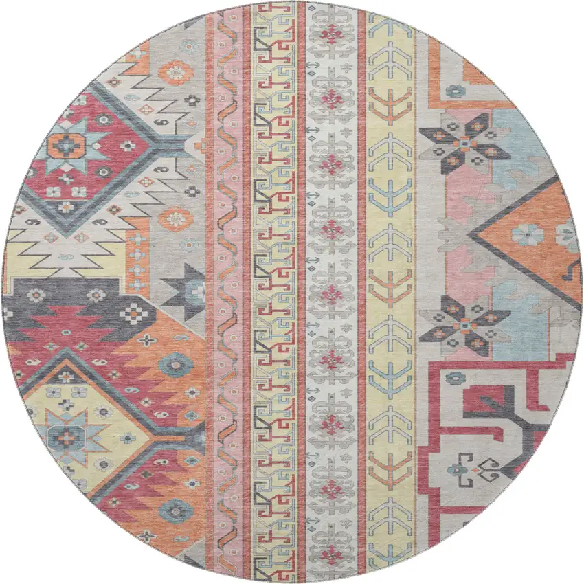 8' Linen Blush And Gray Southwestern Washable Round Rug With UV Protection Photo 3