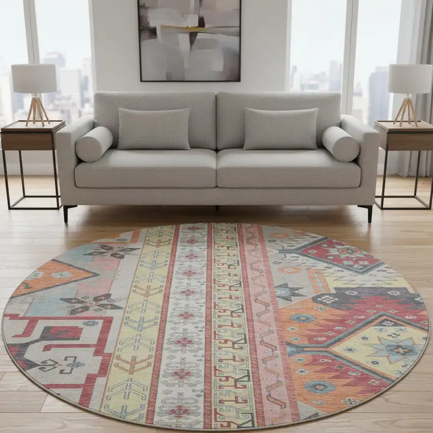 8' Linen Blush And Gray Southwestern Washable Round Rug With UV Protection Photo 2