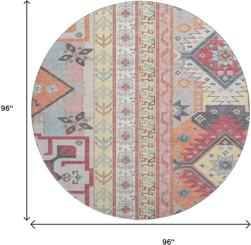 8' Linen Blush And Gray Southwestern Washable Round Rug With UV Protection Photo 9