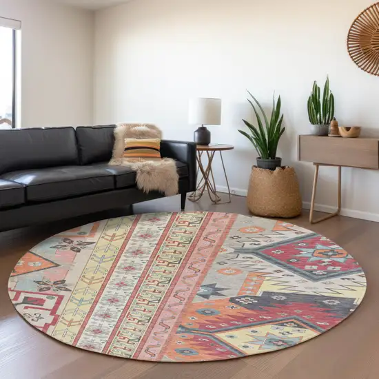 8' Linen Blush And Gray Southwestern Washable Round Rug With UV Protection Photo 4