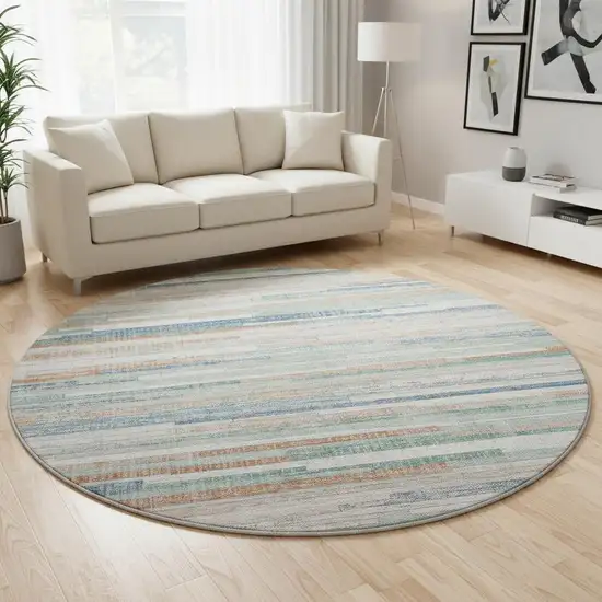 8' Linen Copper And Ivory Striped Washable Round Rug With UV Protection Photo 2