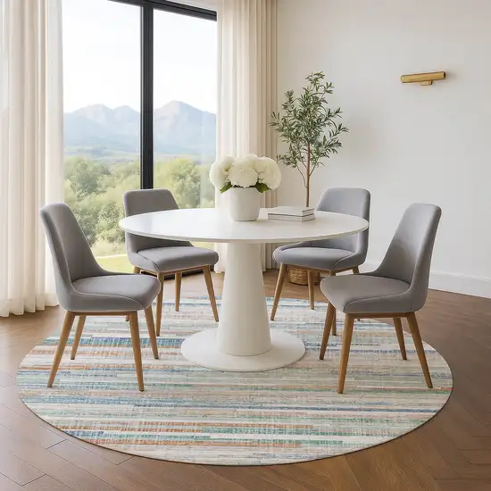 8' Linen Copper And Ivory Striped Washable Round Rug With UV Protection Photo 5