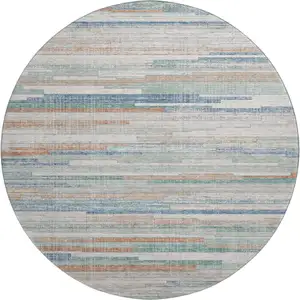 Photo of 8' Linen Copper And Ivory Striped Washable Round Rug With UV Protection